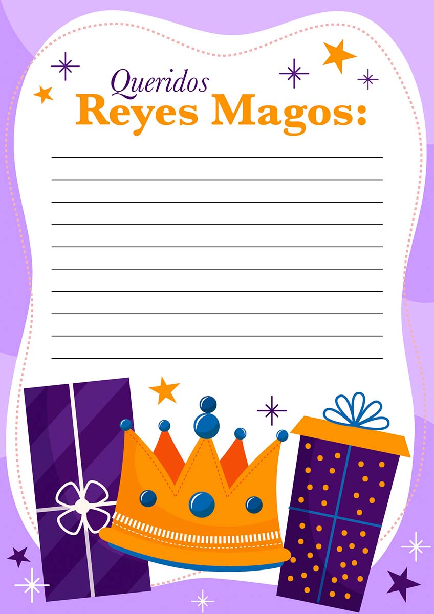 carta reyes magos para imprimir con corana y regalos